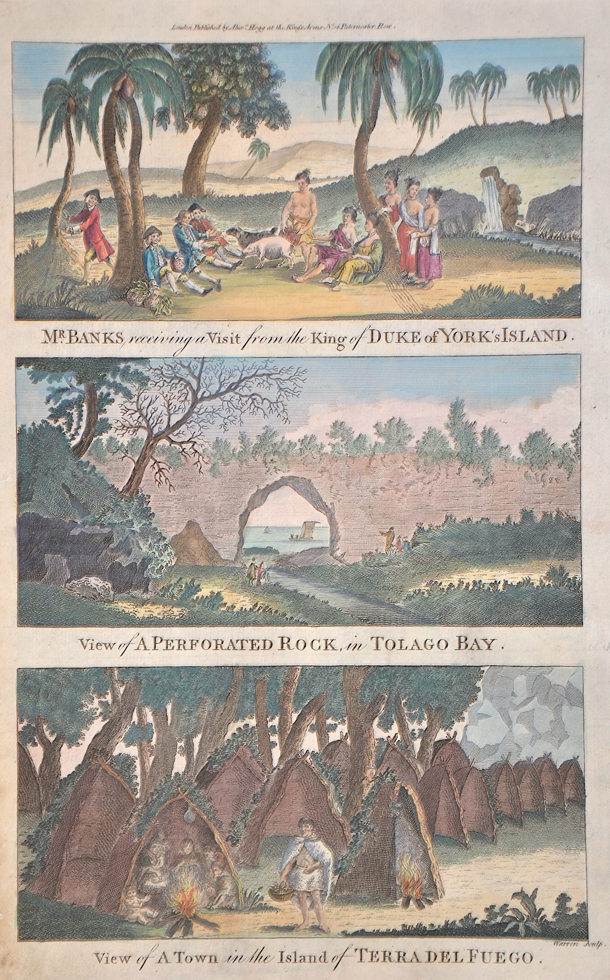 Hogg Alexander Mr.Banks, receiving a Visit from the King of Duke of York's Island/View of a Perforated Rock,in Tolago Bay/View of a Town in the Island of Terra del F