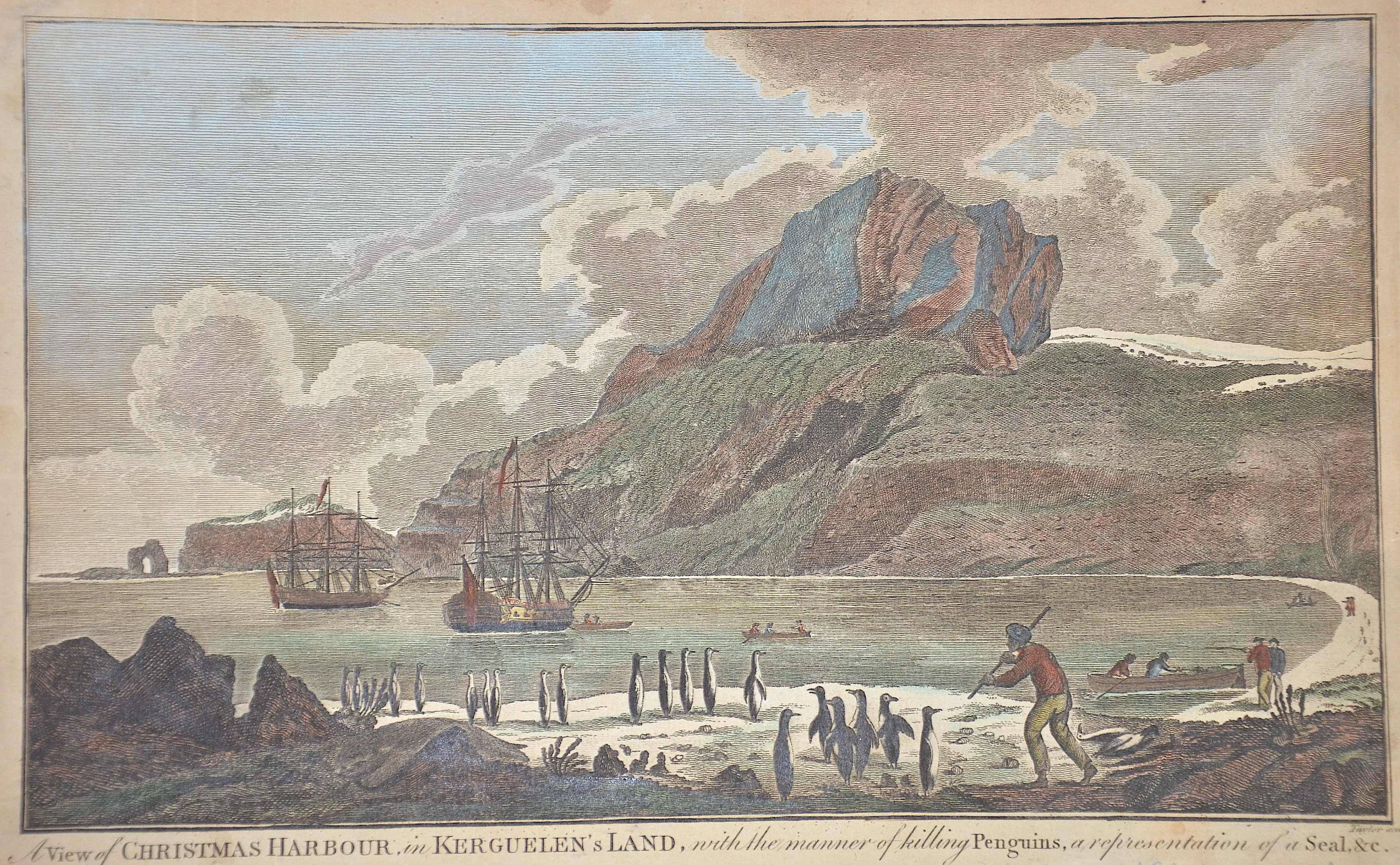 Hogg  A View of Christmas Harbour, in Kerguelen’s Land, with the  manner of killing Penguins, a representation of a Seal,..