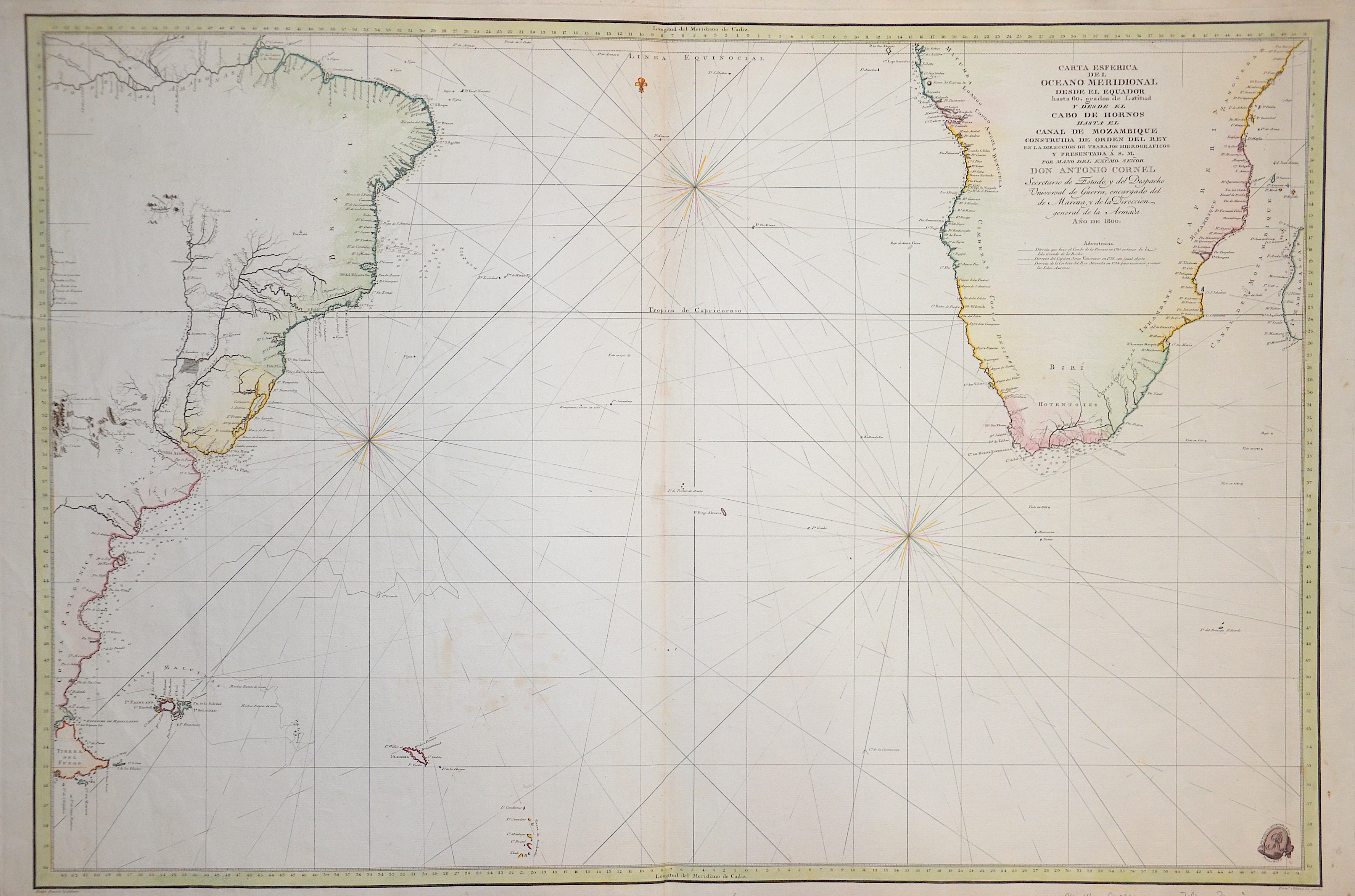 Bauza  Carta Esferica del Oceeano Meridional desde el Eyuador…Cabo de Hornos… Canal de Mozambique…