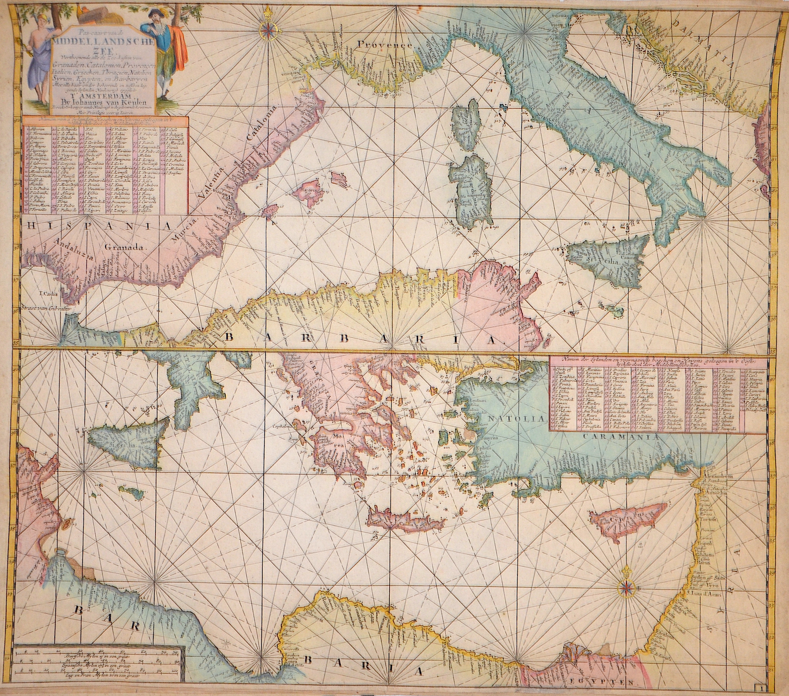 Keulen Pas-caart van de Middellandsche Zee Verthoonende alled de Zee-kusten van Granaden, Catalonien, Provencen, Italien, Griecken, Thracien, Natolien,..