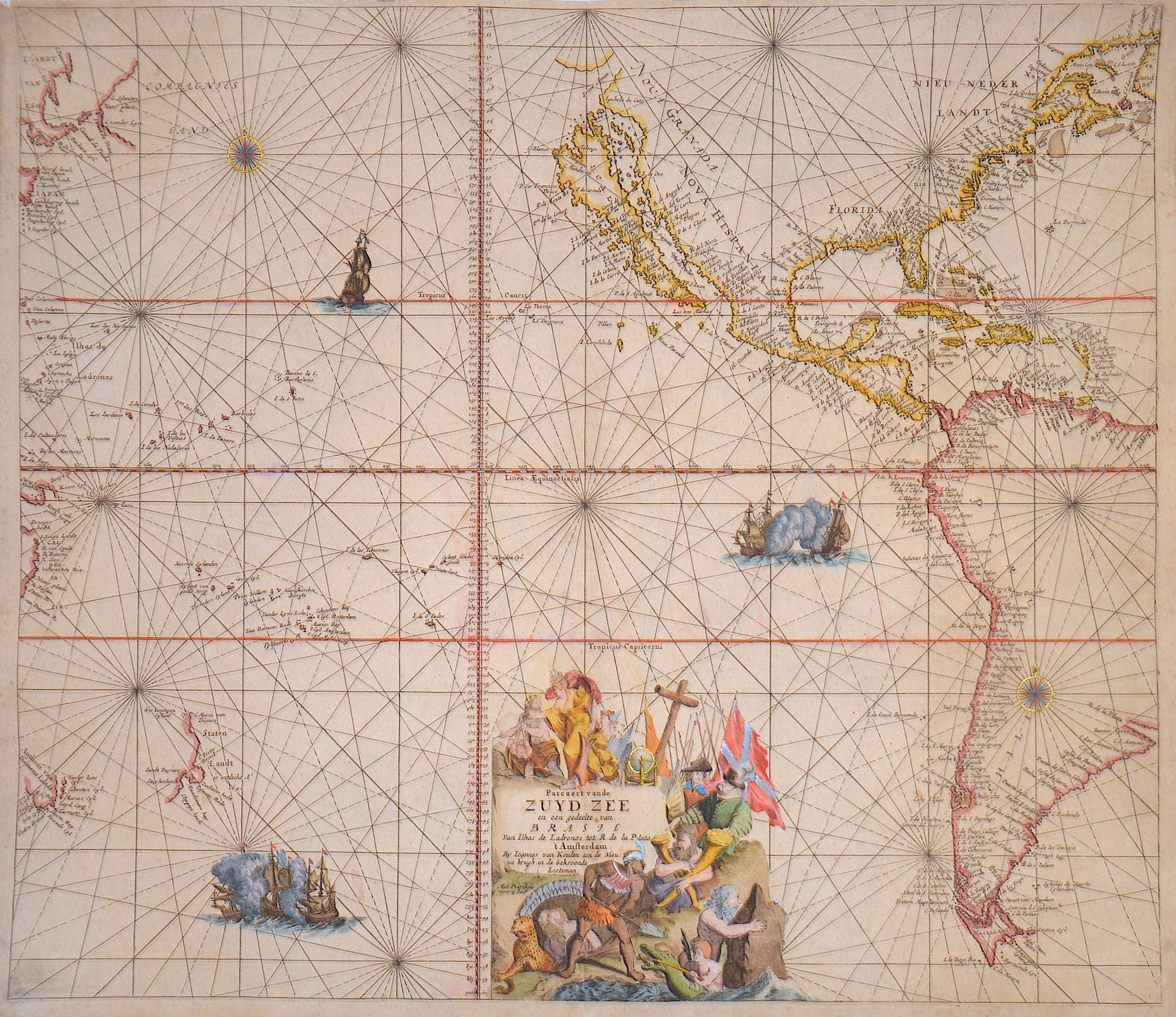 Keulen Pascaert van de Zuyd Zee en een gedeelte van Brasil van Ilhas de Ladronos tot R. de la Plata’t Amsterdam