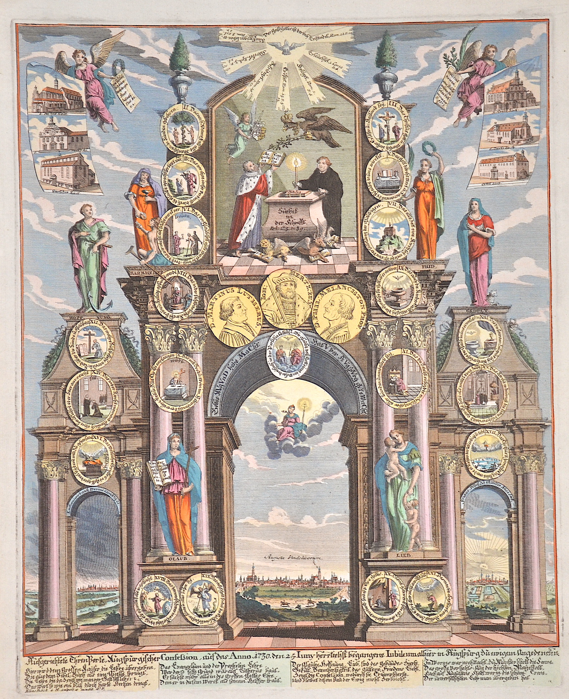 Back  Ausgerichtete Ehren Porte, Augspurgischer Confeßion, auf das Anno 1730 den 25. Juny herrlichst begangene Jubileum alhier in Augspurg zu ewigem..