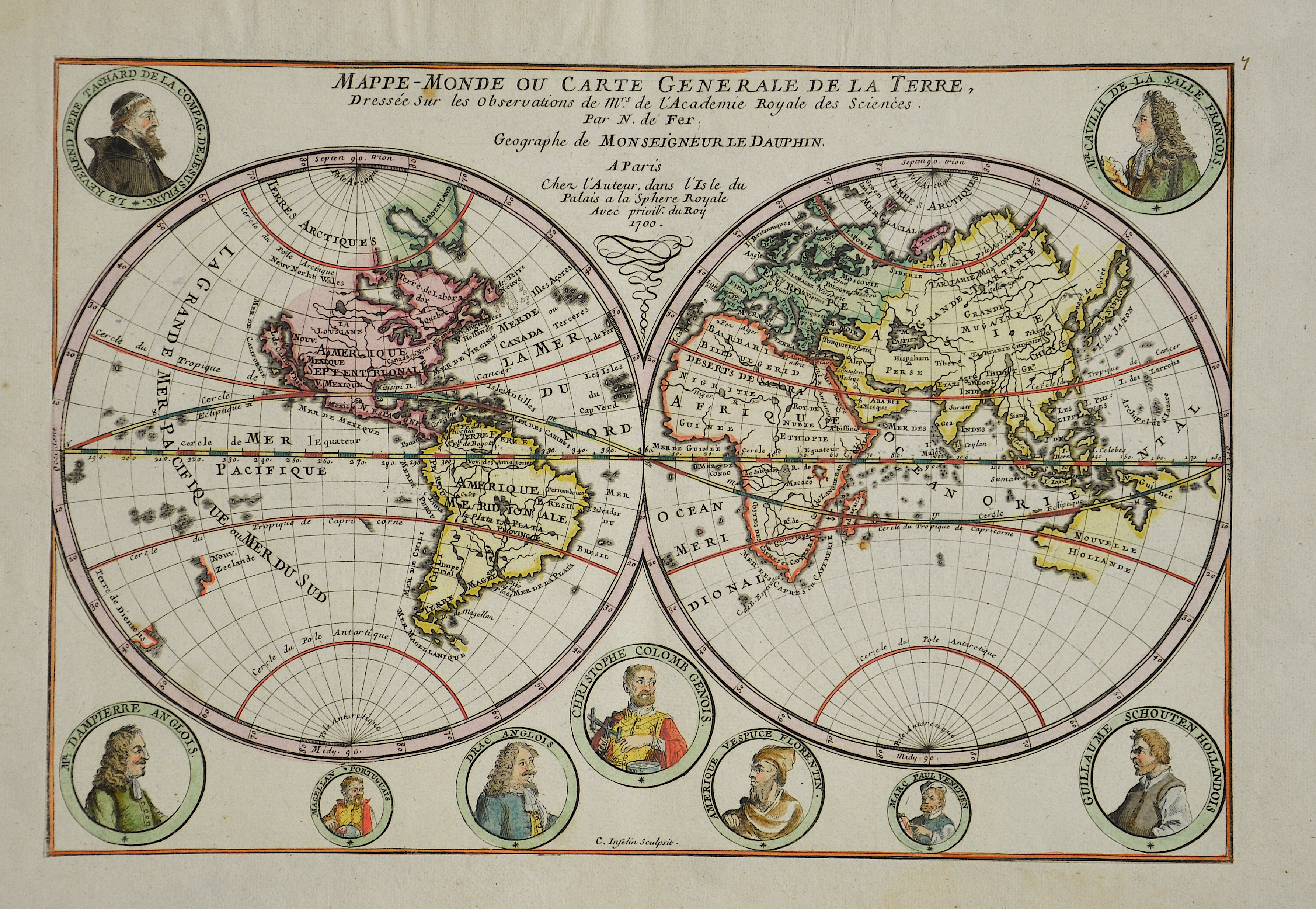 Fer, de Nicolas Mappe-Monde ou Carte Generale de la Terre, Dressée sur les observations de Mrs. De l’Academie Royale des Sciences.